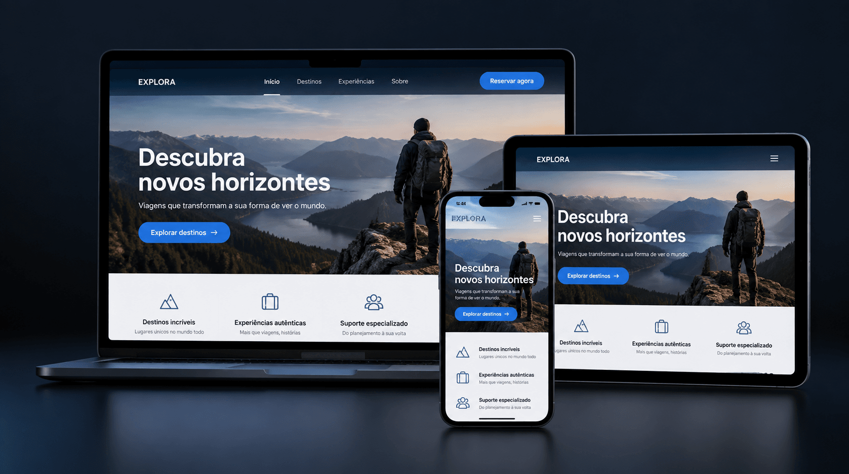 Website de viagens apresentado em computador, tablet e smartphone