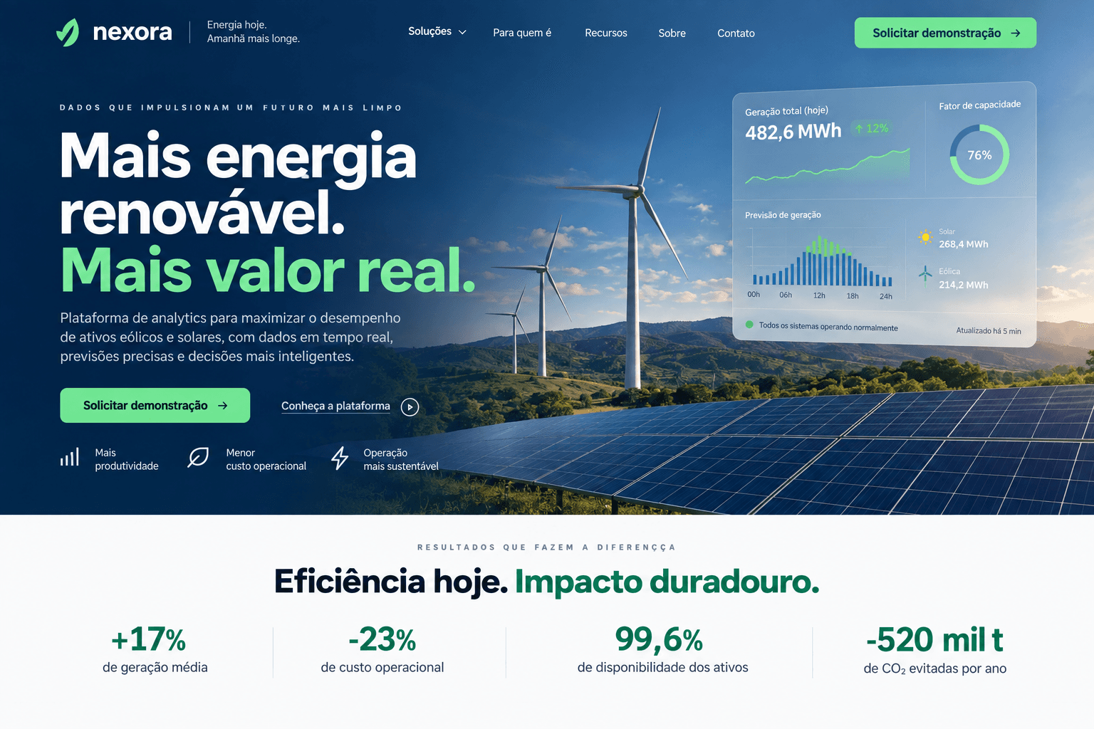 Exemplo conceptual de uma landing page para uma plataforma de energia renovável