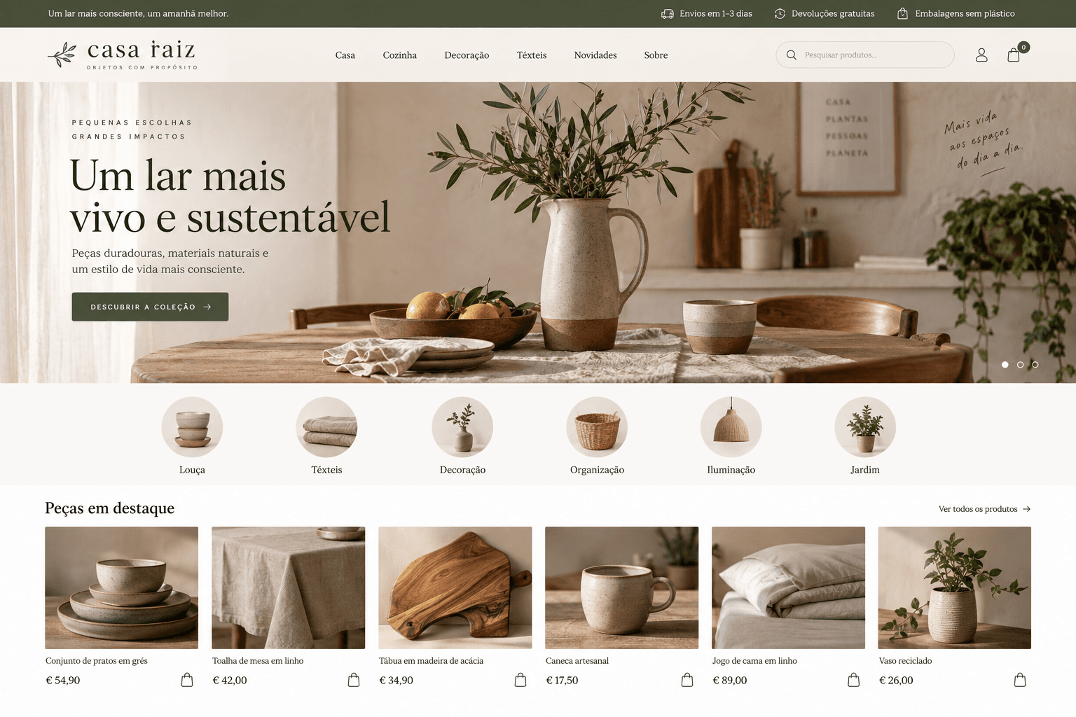 Exemplo conceptual de uma loja online de artigos sustentáveis para a casa