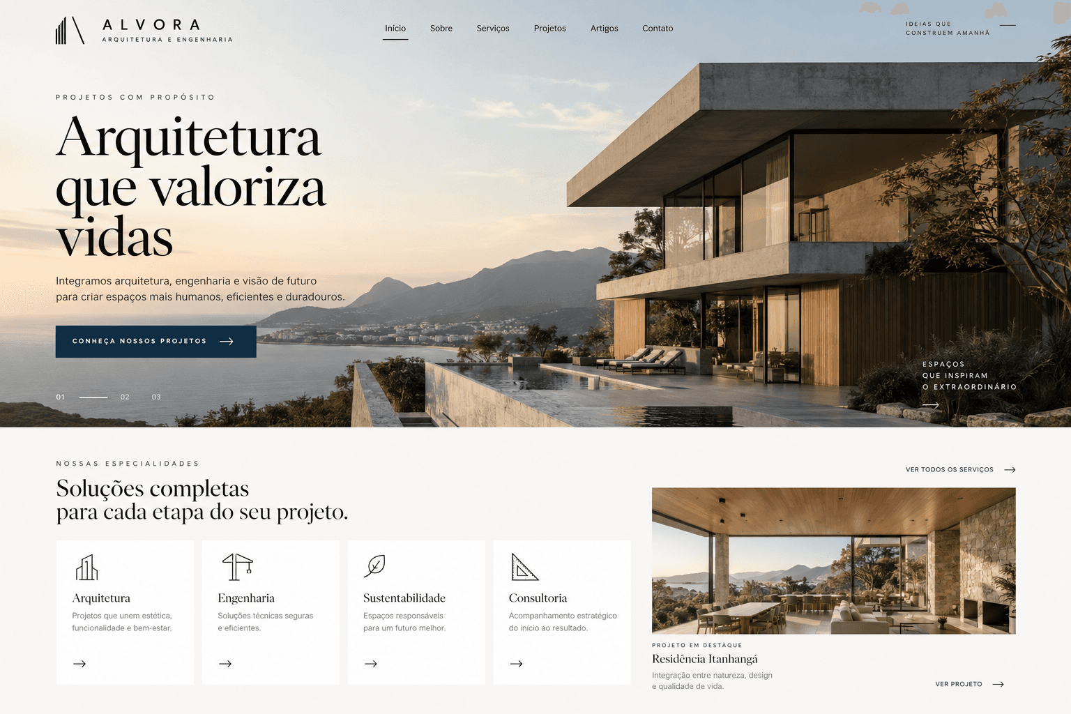 Exemplo conceptual de um website institucional para um gabinete de arquitetura